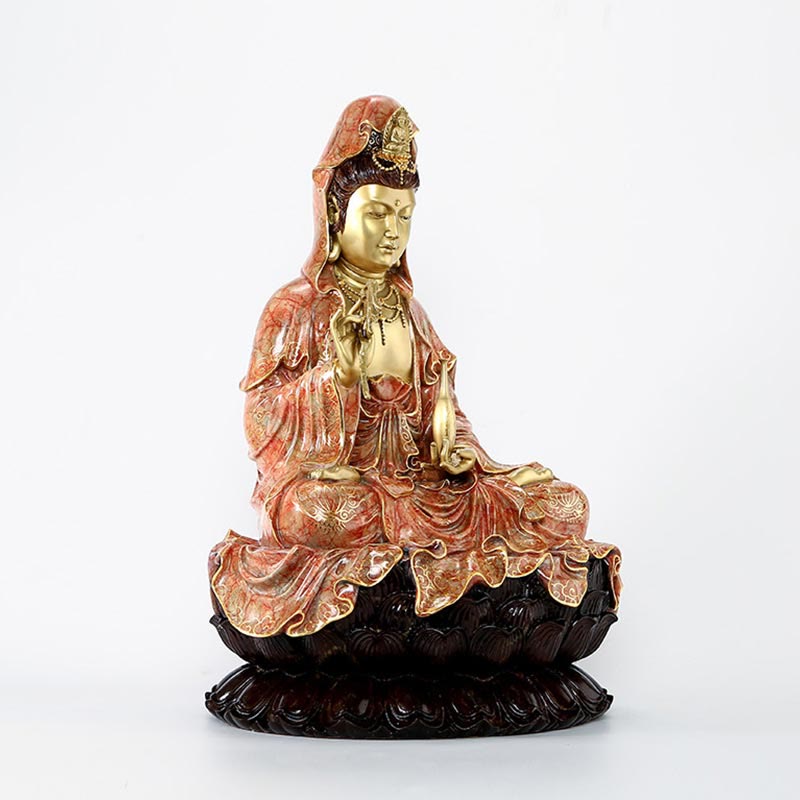Buddha Stones Kwan Yin Avalokitesvara Loto Seduto Armonia Ottone Rame Statua Decorazione Altare Domestico - image 18