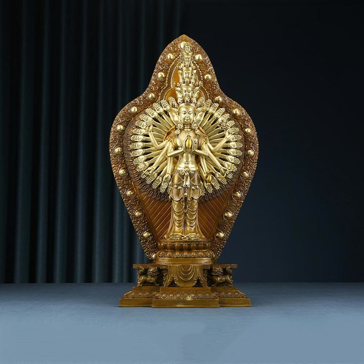 Buddha Stones Fatte a Mano Avalokitesvara Kwan Yin Ricchezza Statua in Ottone e Rame Decorazione - Avalokitesvara 35,5*17,5*65cm - image 0