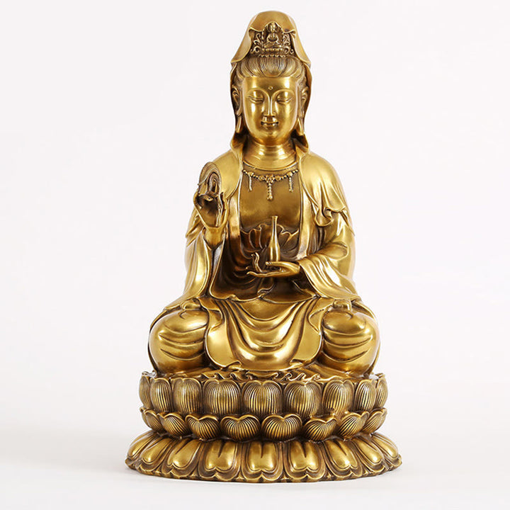 Buddha Stones Kwan Yin Avalokitesvara che tiene una bottiglia di salice Armonia Statua in ottone e rame Decorazione per la casa