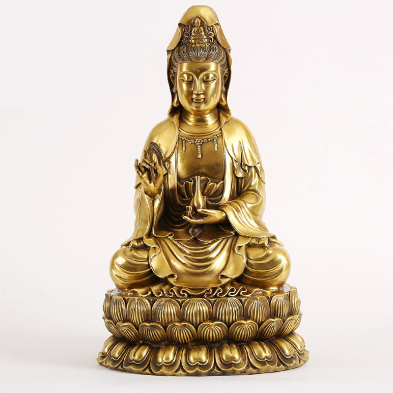 Buddha Stones Kwan Yin Avalokitesvara che tiene una bottiglia di salice Armonia Statua in ottone e rame Decorazione per la casa