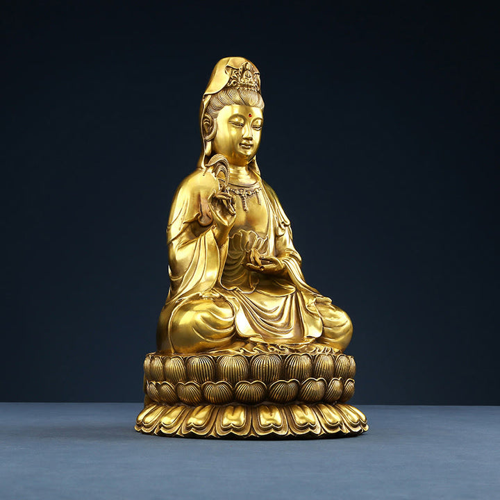 Buddha Stones Kwan Yin Avalokitesvara che tiene una bottiglia di salice Armonia Statua in ottone e rame Decorazione per la casa