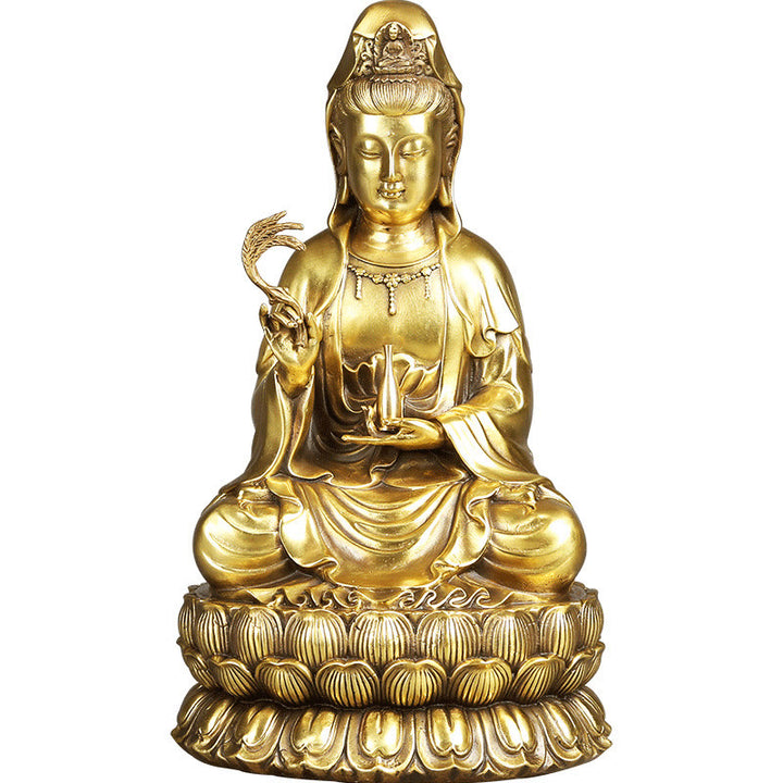 Buddha Stones Kwan Yin Avalokitesvara che tiene una bottiglia di salice Armonia Statua in ottone e rame Decorazione per la casa