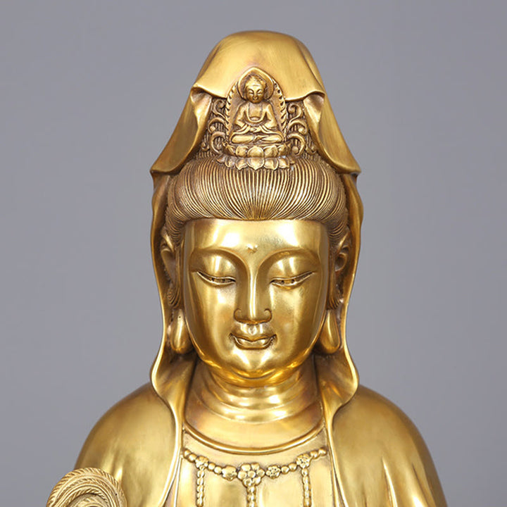 Buddha Stones Kwan Yin Avalokitesvara che tiene una bottiglia di salice Armonia Statua in ottone e rame Decorazione per la casa