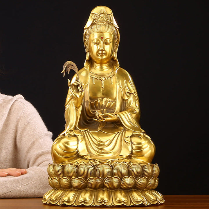 Buddha Stones Kwan Yin Avalokitesvara che tiene una bottiglia di salice Armonia Statua in ottone e rame Decorazione per la casa