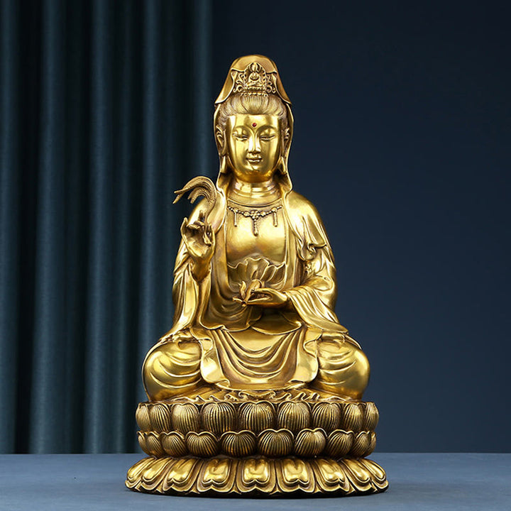 Buddha Stones Kwan Yin Avalokitesvara che tiene una bottiglia di salice Armonia Statua in ottone e rame Decorazione per la casa