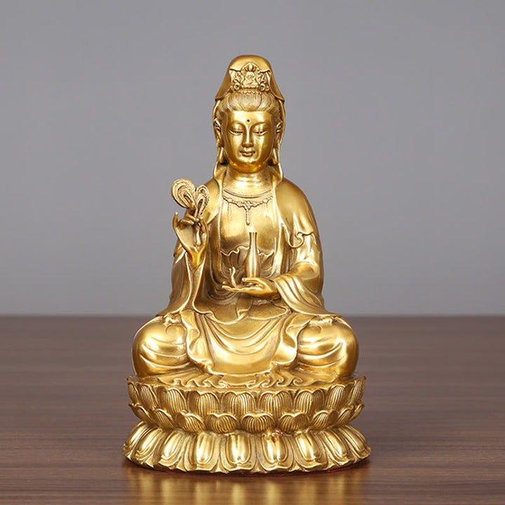 Buddha Stones Kwan Yin Avalokitesvara che tiene una bottiglia di salice Armonia Statua in ottone e rame Decorazione per la casa