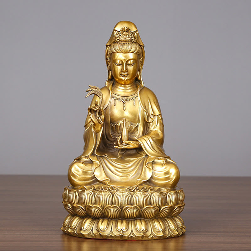 Buddha Stones Kwan Yin Avalokitesvara che tiene una bottiglia di salice Armonia Statua in ottone e rame Decorazione per la casa