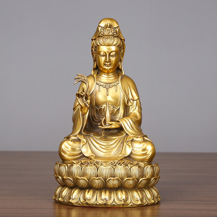 Buddha Stones Kwan Yin Avalokitesvara che tiene una bottiglia di salice Armonia Statua in ottone e rame Decorazione per la casa