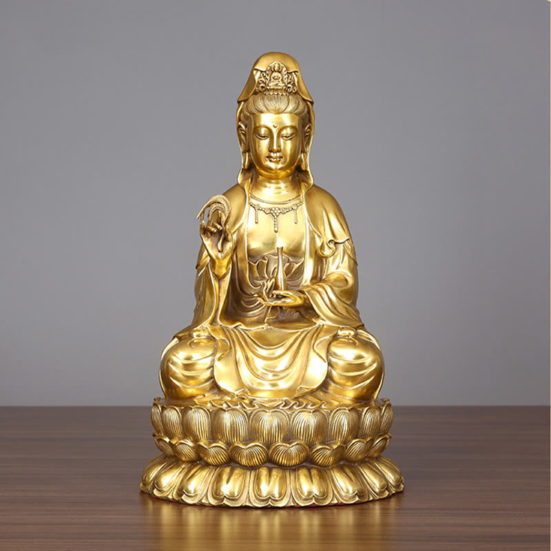 Buddha Stones Kwan Yin Avalokitesvara che tiene una bottiglia di salice Armonia Statua in ottone e rame Decorazione per la casa