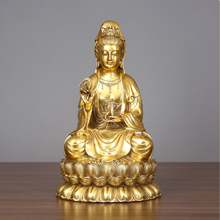 Buddha Stones Kwan Yin Avalokitesvara che tiene una bottiglia di salice Armonia Statua in ottone e rame Decorazione per la casa