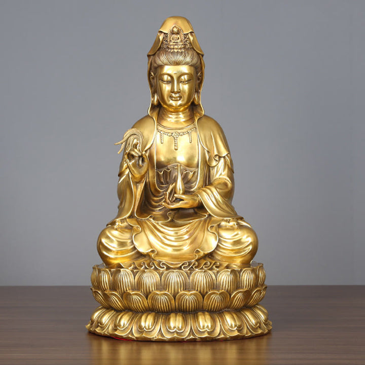 Buddha Stones Kwan Yin Avalokitesvara che tiene una bottiglia di salice Armonia Statua in ottone e rame Decorazione per la casa