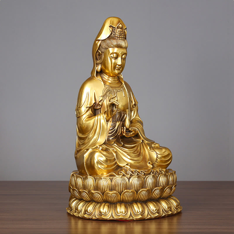 Buddha Stones Kwan Yin Avalokitesvara che tiene una bottiglia di salice Armonia Statua in ottone e rame Decorazione per la casa