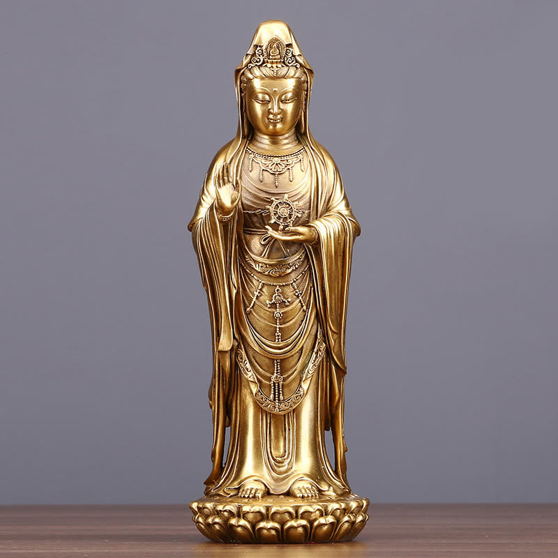 Buddha Stones Kwan Yin Avalokitesvara che tiene la ruota del Dharma Ricchezza Statua in ottone e rame Decorazione