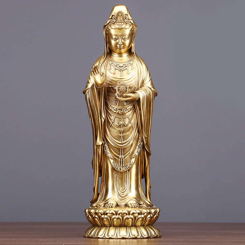 Buddha Stones Kwan Yin Avalokitesvara che tiene la ruota del Dharma Ricchezza Statua in ottone e rame Decorazione
