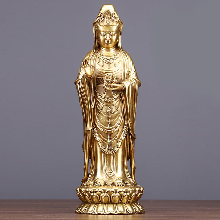 Buddha Stones Kwan Yin Avalokitesvara che tiene la ruota del Dharma Ricchezza Statua in ottone e rame Decorazione