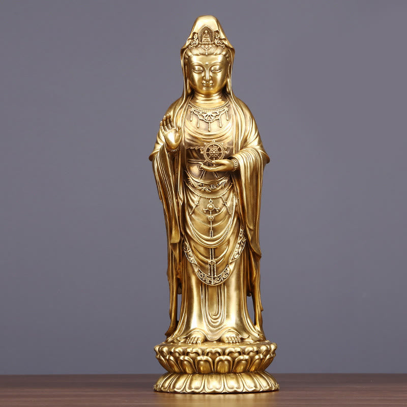 Buddha Stones Kwan Yin Avalokitesvara che tiene la ruota del Dharma Ricchezza Statua in ottone e rame Decorazione