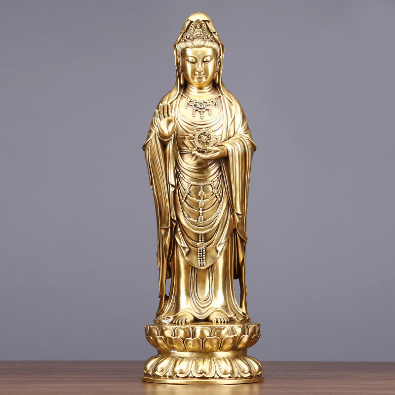 Buddha Stones Kwan Yin Avalokitesvara che tiene la ruota del Dharma Ricchezza Statua in ottone e rame Decorazione
