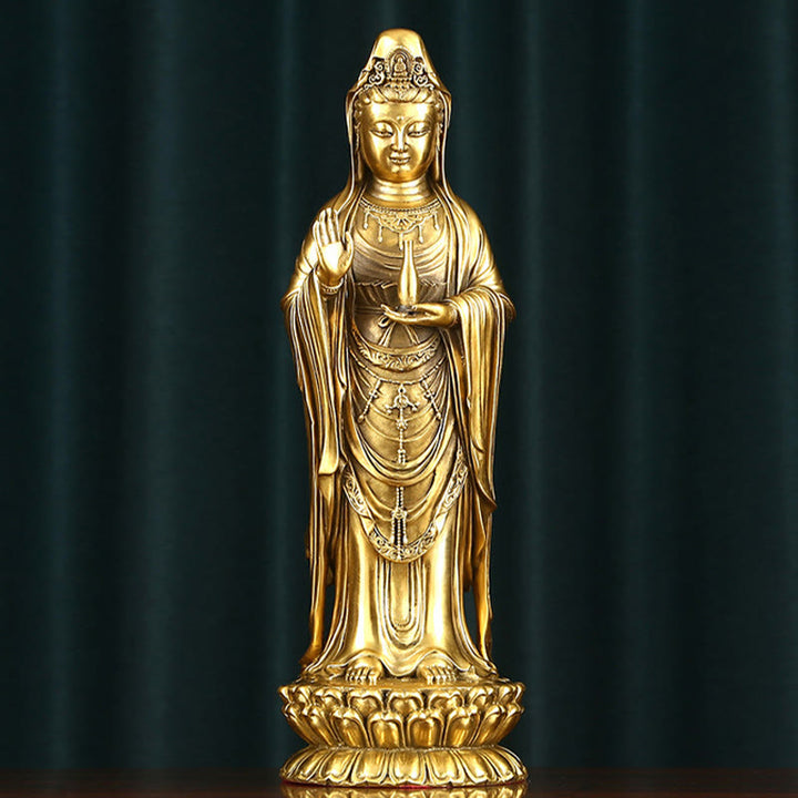 Buddha Stones Kwan Yin Avalokitesvara che tiene la ruota del Dharma Ricchezza Statua in ottone e rame Decorazione