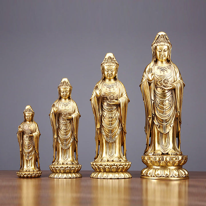 Buddha Stones Kwan Yin Avalokitesvara che tiene la ruota del Dharma Ricchezza Statua in ottone e rame Decorazione