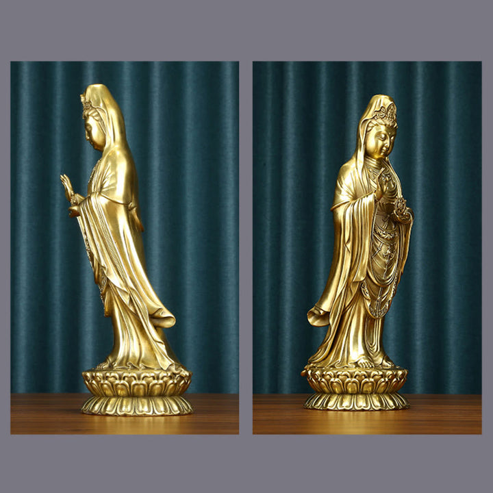 Buddha Stones Kwan Yin Avalokitesvara che tiene la ruota del Dharma Ricchezza Statua in ottone e rame Decorazione