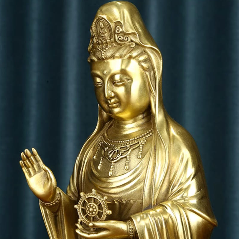 Buddha Stones Kwan Yin Avalokitesvara che tiene la ruota del Dharma Ricchezza Statua in ottone e rame Decorazione
