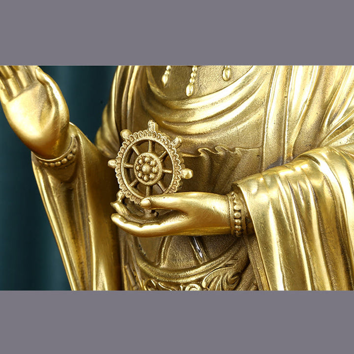 Buddha Stones Kwan Yin Avalokitesvara che tiene la ruota del Dharma Ricchezza Statua in ottone e rame Decorazione