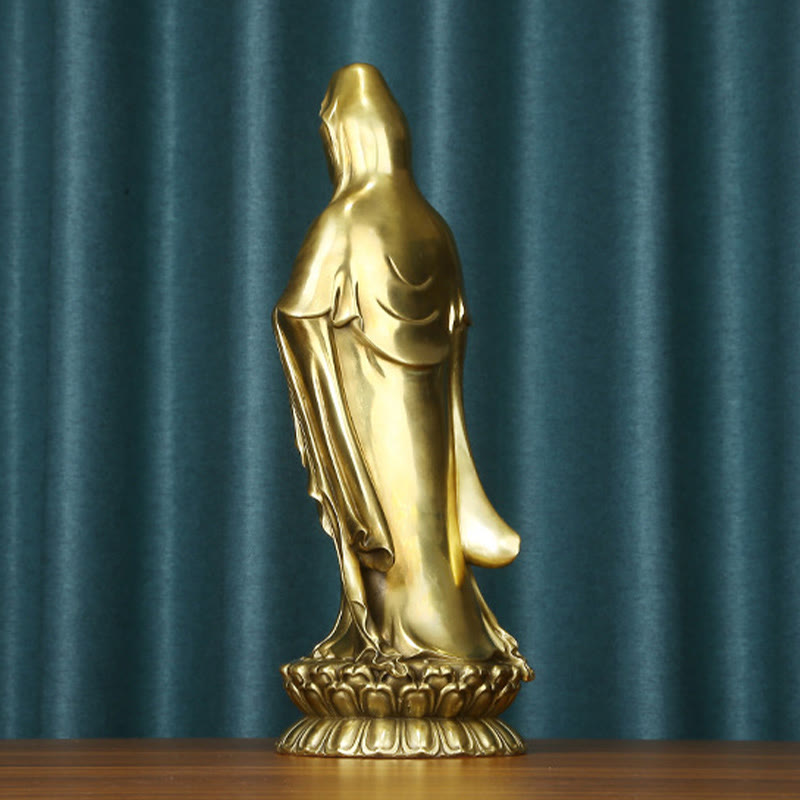 Buddha Stones Kwan Yin Avalokitesvara che tiene la ruota del Dharma Ricchezza Statua in ottone e rame Decorazione