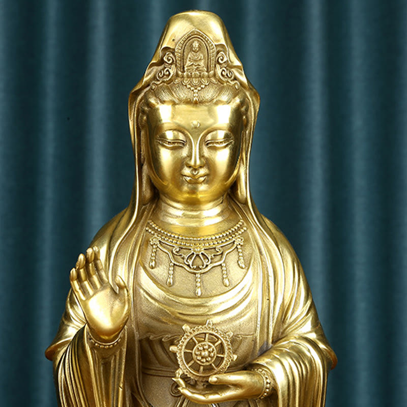 Buddha Stones Kwan Yin Avalokitesvara che tiene la ruota del Dharma Ricchezza Statua in ottone e rame Decorazione
