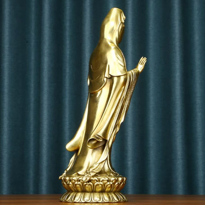 Buddha Stones Kwan Yin Avalokitesvara che tiene la ruota del Dharma Ricchezza Statua in ottone e rame Decorazione