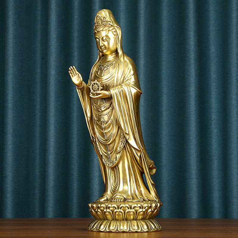 Buddha Stones Kwan Yin Avalokitesvara che tiene la ruota del Dharma Ricchezza Statua in ottone e rame Decorazione