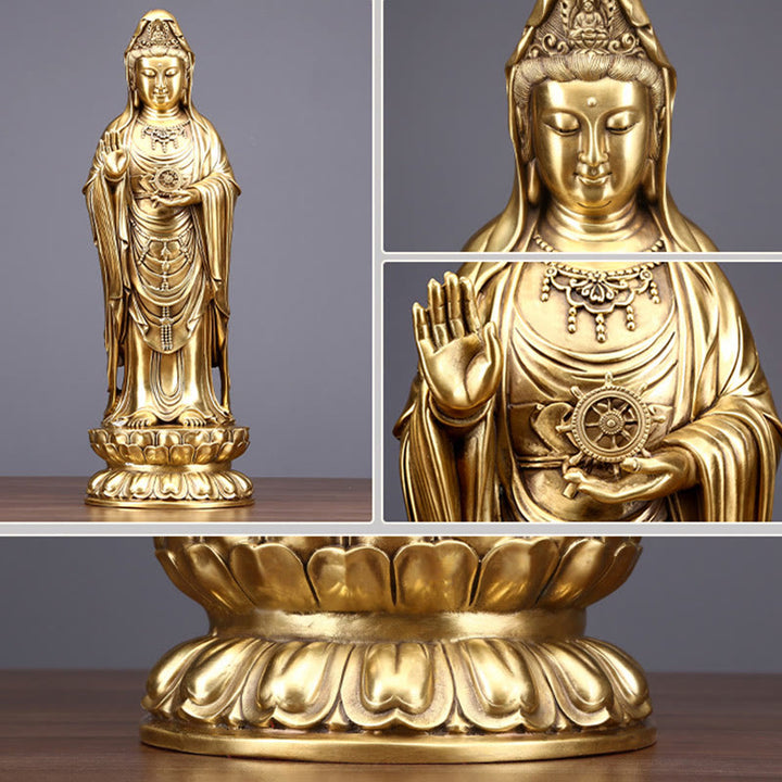 Buddha Stones Kwan Yin Avalokitesvara che tiene la ruota del Dharma Ricchezza Statua in ottone e rame Decorazione