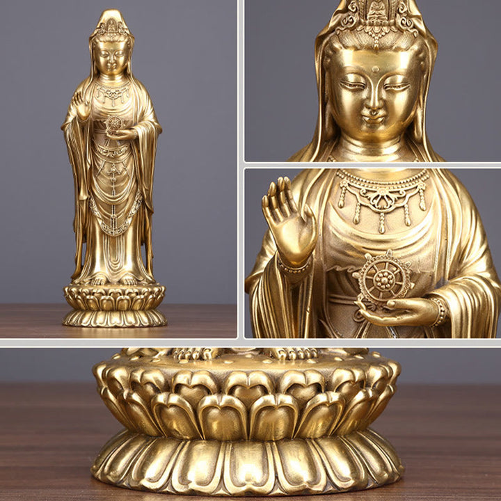Buddha Stones Kwan Yin Avalokitesvara che tiene la ruota del Dharma Ricchezza Statua in ottone e rame Decorazione