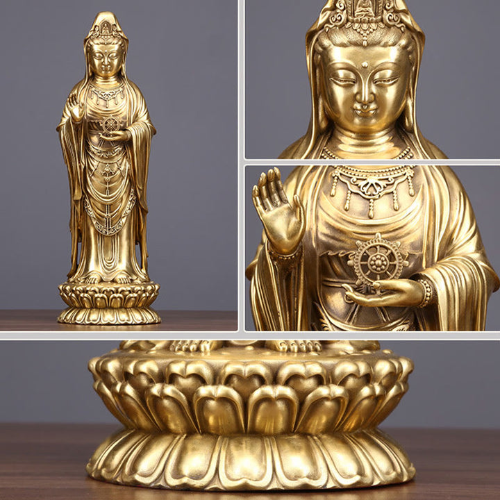 Buddha Stones Kwan Yin Avalokitesvara che tiene la ruota del Dharma Ricchezza Statua in ottone e rame Decorazione