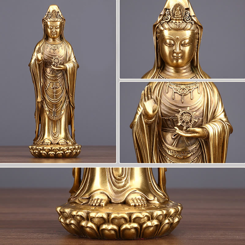 Buddha Stones Kwan Yin Avalokitesvara che tiene la ruota del Dharma Ricchezza Statua in ottone e rame Decorazione