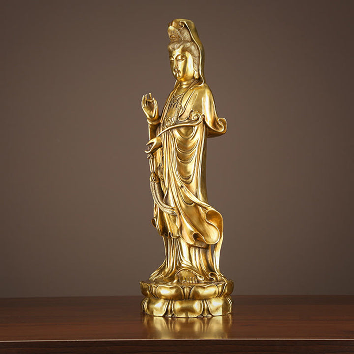 Buddha Stones Kwan Yin Avalokitesvara che tiene la ruota del Dharma Ricchezza Statua in ottone e rame Decorazione