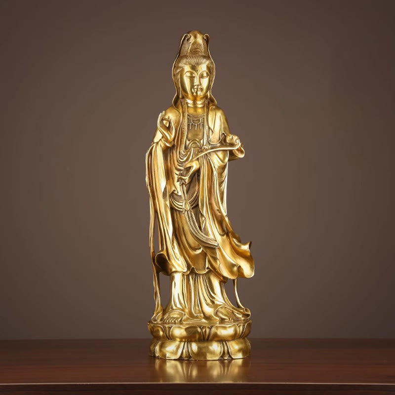 Buddha Stones Kwan Yin Avalokitesvara che tiene la ruota del Dharma Ricchezza Statua in ottone e rame Decorazione