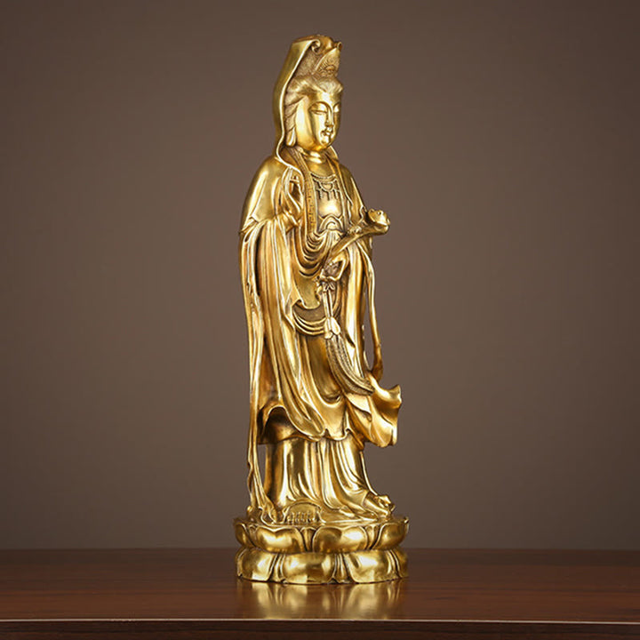 Buddha Stones Kwan Yin Avalokitesvara che tiene la ruota del Dharma Ricchezza Statua in ottone e rame Decorazione