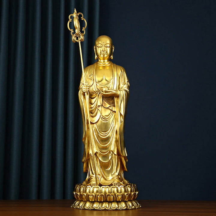 Buddha Stones Ksitigarbha Bodhisattva Figurina Compassione Statua di rame Decorazione per la casa