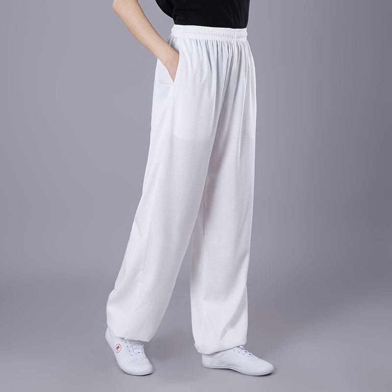 Pantaloni da allenamento in Buddha Stones e lino traspirante con tasche, unisex, estivi, elastici in vita, per Tai Chi e Qigong - Bianco - 3XL- ADATTO PER USA/UK/AU/UE - 2XL - image 2