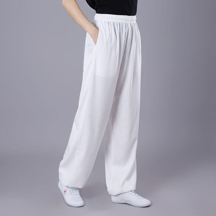 Pantaloni da allenamento in Buddha Stones e lino traspirante con tasche, unisex, estivi, elastici in vita, per Tai Chi e Qigong - Bianco - 3XL- ADATTO PER USA/UK/AU/UE - 2XL - image 2