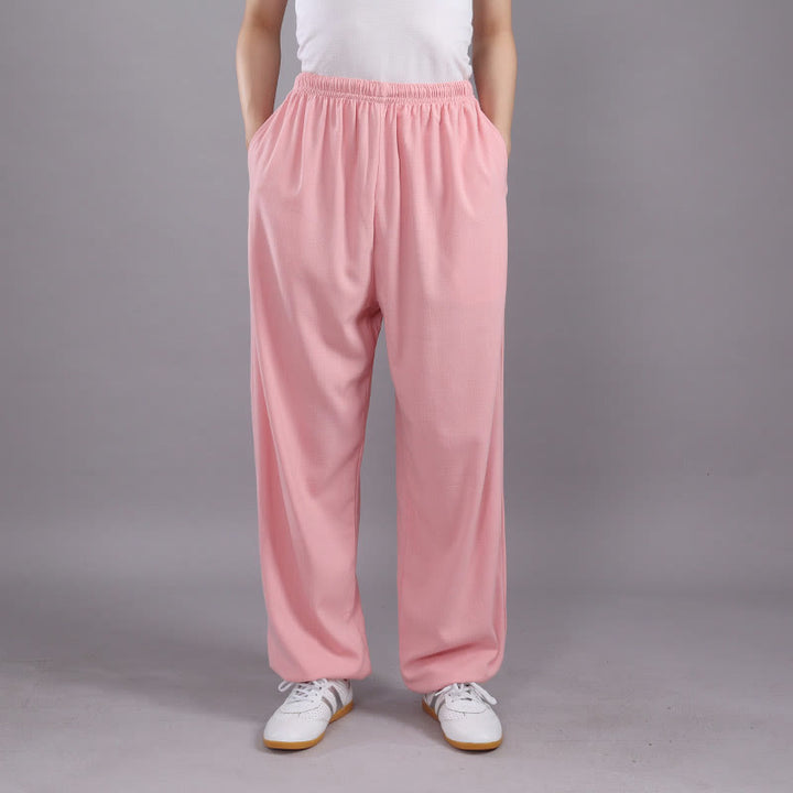 Pantaloni da allenamento in Buddha Stones e lino traspirante con tasche, unisex, estivi, elastici in vita, per Tai Chi e Qigong - Rosa - 3XL- ADATTO A USA/ UK/AU/ EU- 2XL - image 26