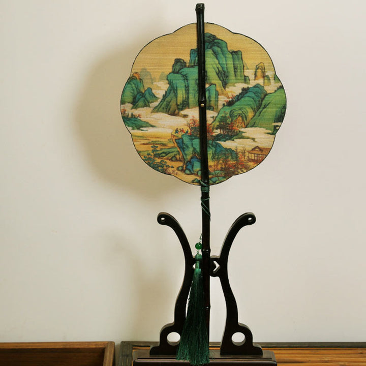 Buddha Stones Fatto a mano Bambù Mille miglia di fiumi e montagne Manico lungo Ventilatore portatile arricciabile