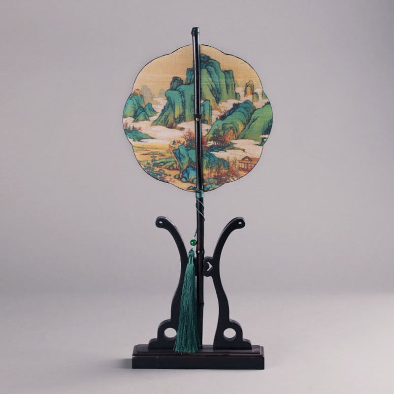 Buddha Stones Fatto a mano Bambù Mille miglia di fiumi e montagne Manico lungo Ventilatore portatile arricciabile