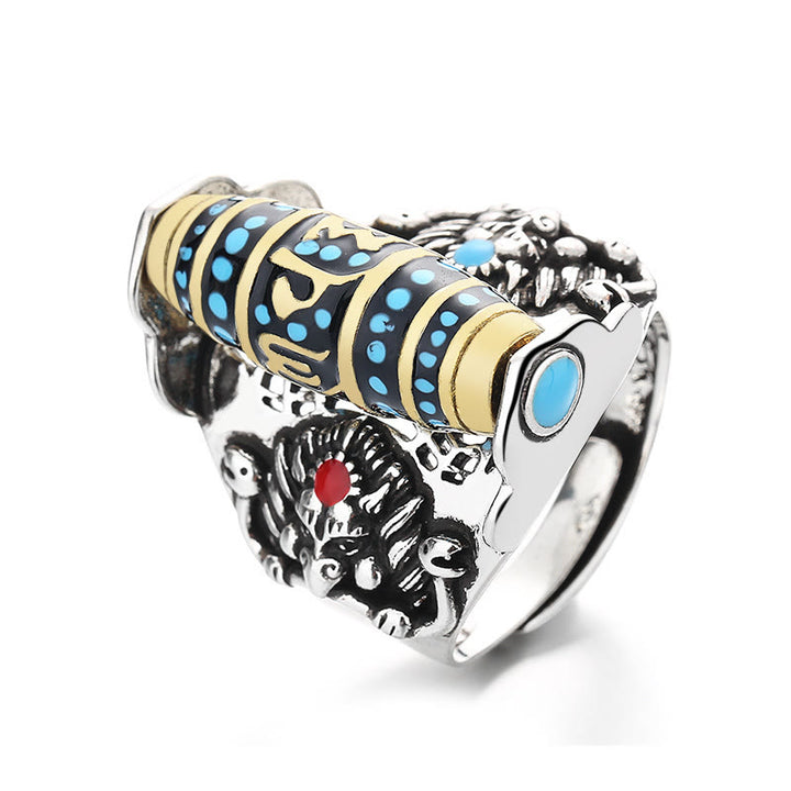 Anello girevole Buddha Stones tibetano Om Mani Padme Hum Garuda Dzi con motivo a perline