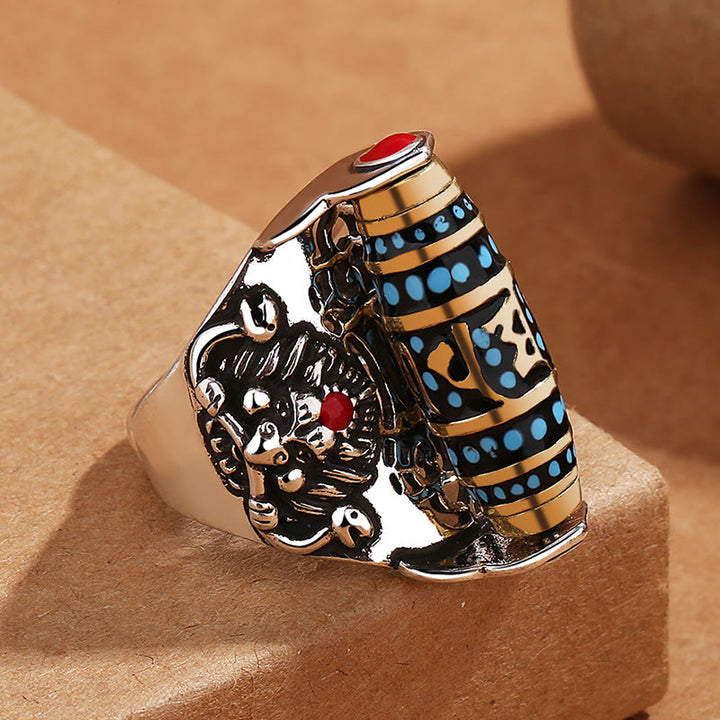 Anello girevole Buddha Stones tibetano Om Mani Padme Hum Garuda Dzi con motivo a perline