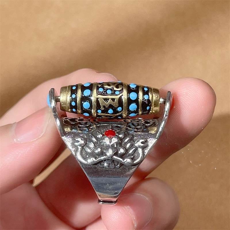 Anello girevole Buddha Stones tibetano Om Mani Padme Hum Garuda Dzi con motivo a perline