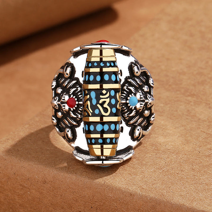 Anello girevole Buddha Stones tibetano Om Mani Padme Hum Garuda Dzi con motivo a perline