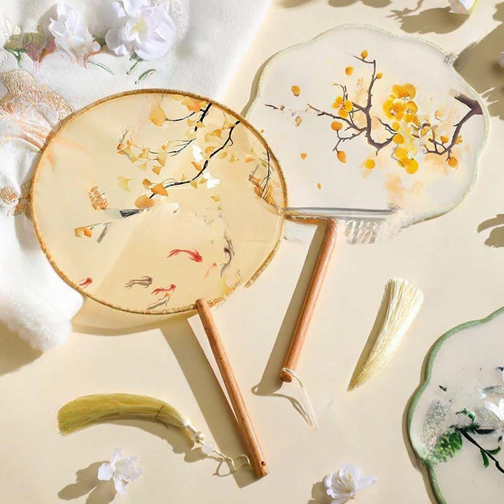 Buddha Stones Ginkgo Leaf Koi Fish Cherry Blossom Spring Flowers Ventilatore con manico in legno portatile