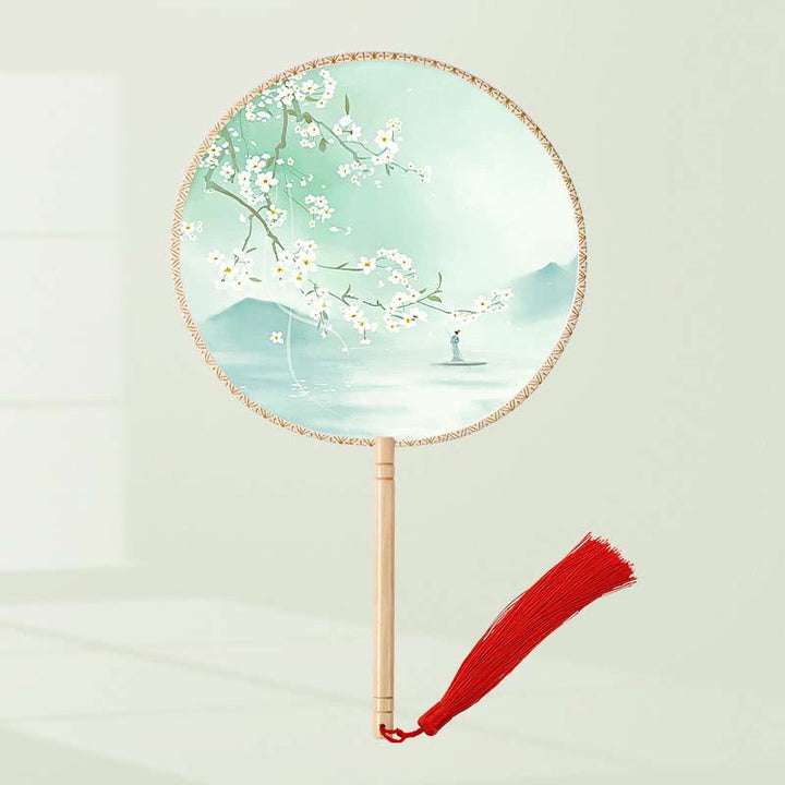 Buddha Stones Ginkgo Leaf Koi Fish Cherry Blossom Spring Flowers Ventilatore con manico in legno portatile