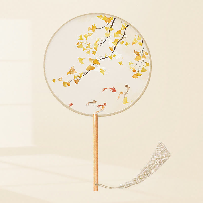 Buddha Stones Ginkgo Leaf Koi Fish Cherry Blossom Spring Flowers Ventilatore con manico in legno portatile